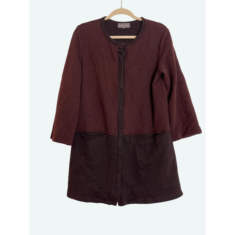 Michael Stars Quilted Snap Front Burgundy Brown Color Block Sweater Coat Long M
